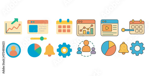 Data analysis flat icons set – analytics, charts and graphs symbols