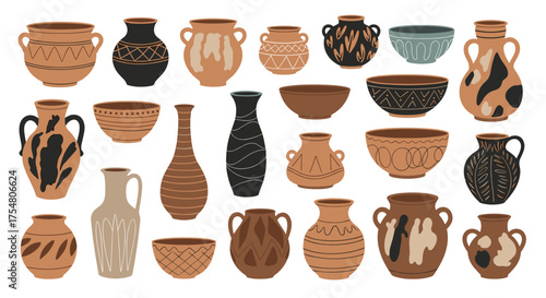 A Diverse Collection of Earthy Toned Ceramic Vessels and Decorative Pottery Pieces. 