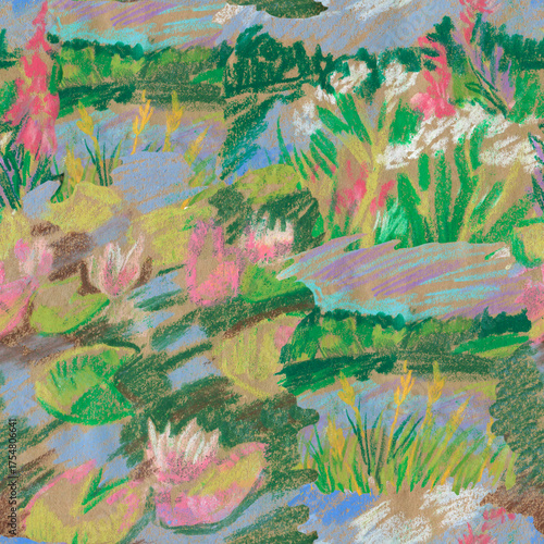 Seamless pattern landscapes painted with wax crayons. Nature, botanical print with oil pastel.