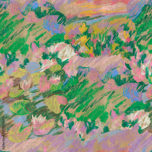 Seamless pattern landscapes painted with wax crayons. Nature, botanical print with oil pastel.