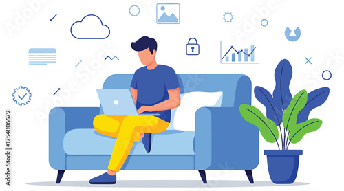 Vector art of man working on laptop sitting on sofa, , vector illustration of a freelancer working from home with a comfortable setup