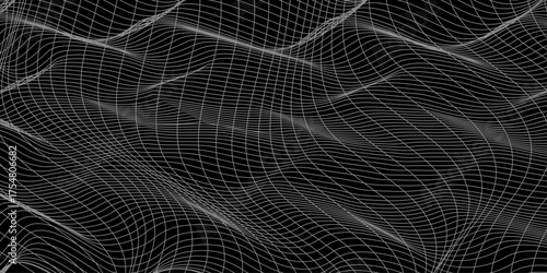 Line Wave Black And White Gravity. Abstract 3d illustration of water surface. Grid background black.
Futuristic vector sci-fi circle portal in space. 3D black ai tunnel with dots and lines. 