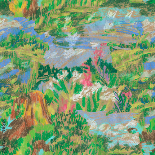 Seamless pattern landscapes painted with wax crayons. Nature, botanical print with oil pastel.