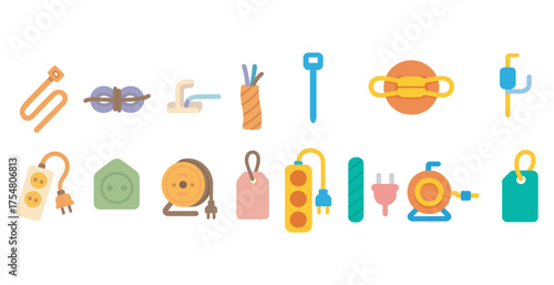 Cable and wire flat icons set – electrical, connection, equipment symbols