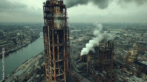 Big Ben and Houses of Parliament in London UK next to a smoking industrial plant tower
