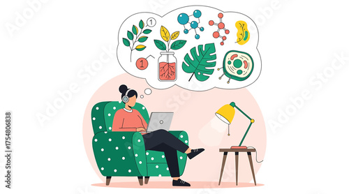 Vector art of a woman with headphones works from home, sitting on a green armchair while using a laptop, thinking about plants