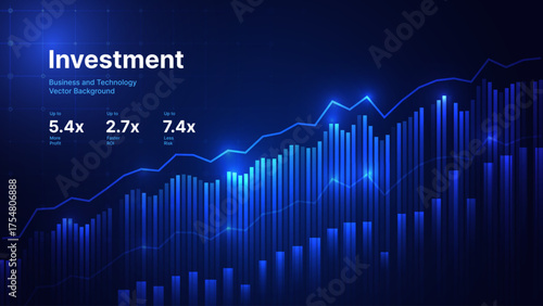 Investment Growth Chart With Digital Bar Graph And Profit Line, Business Analytics Dashboard Concept For Finance, ROI, Stock Market, Technology Economy Trends. Vector Illustration.