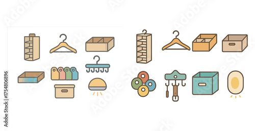 Home organization icons set – flat, filled, storage and decluttering symbols