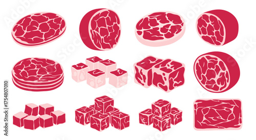 A collection of various raw red meat cuts and cubes presented from a top view and side angle