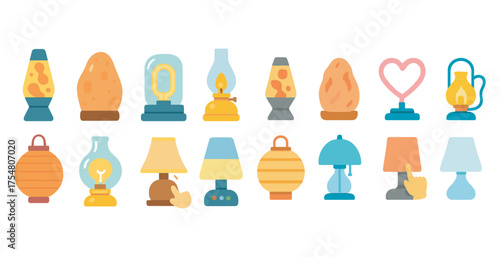 Lamps and lighting flat icons set – home decor, illumination, electric symbols
