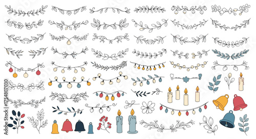 Hand drawn whimsical festive decorations including botanical elements candles and bells for holiday design.