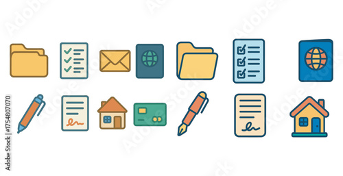 Document management outline icons set – linear, paperwork, organization tools