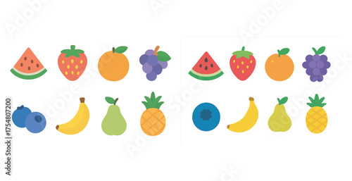 Fruit and food flat icons set – colorful, healthy, nutrition graphics