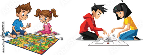 Cartoon children playing board game and coding robot, educational activity, STEM learning, teamwork gesture, emotion, vector illustration, fun, creativity