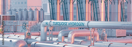 Factory producing turquoise hydrogen at twilight. Buildings, h2 tanks, gas storage, and pipelines hydrogen. 3D illustration