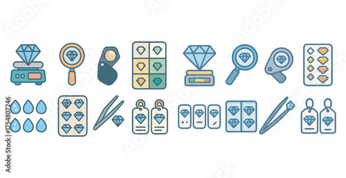 Gemology and jewelry outline icons set – linear, flat, gemstone and diamond symbols
