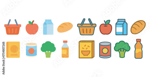 Grocery and food flat icons set – everyday shopping, healthy eating symbols