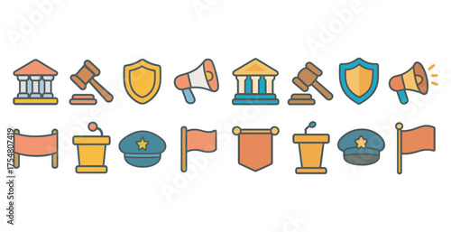 Law and order flat icons set – legal, justice, court symbols in graphic style