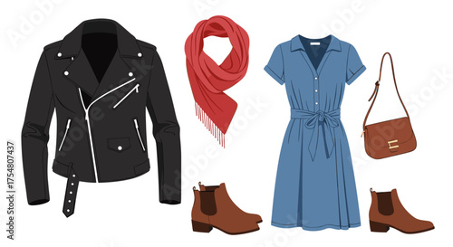 Stylish casual outfit with a black leather jacket denim dress and red scarf.