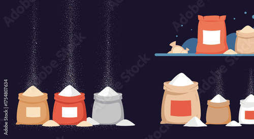 An assortment of sacks filled with flour and sugar for baking and cooking.