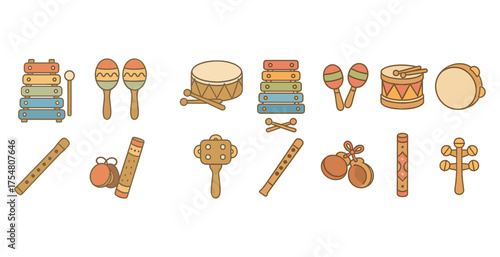 Musical instrument flat icons set – filled, outline, percussion and rhythm symbols