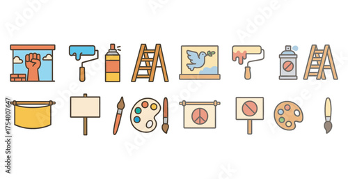Protest and art outline icons set – symbols, linear, activism and creativity tools