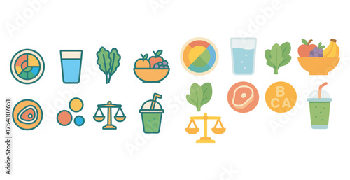 Healthy food flat icons set – nutrition, diet, balanced meal symbols for planning