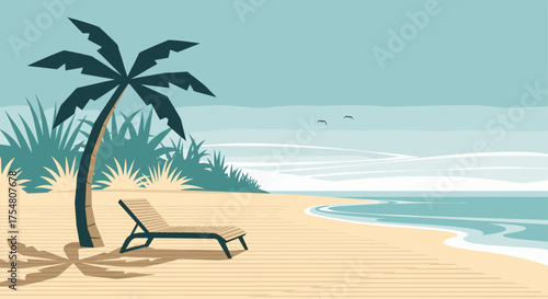 Serene tropical beach with a lone palm tree and chaise lounge invites peaceful relaxation by the calm ocean waves.