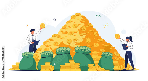 A huge pile of golden coins with bags of money and people counting money.