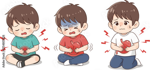 Cartoon children stomach pain, holding belly, discomfort, red zigzag, sad expression, illness, vector, illustration, medical, symptom, child, health, dige