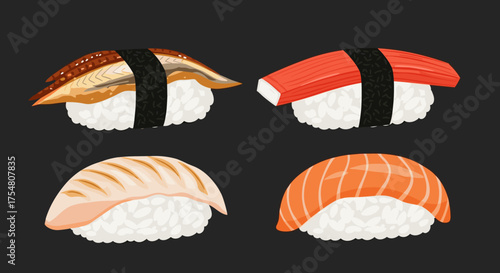 A delicious assortment of four different types of fresh sushi presented on a dark background.