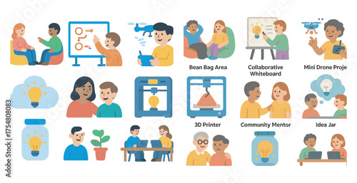 Collaboration and innovation flat icons set – teamwork, brainstorming, project planning