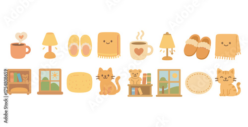 Cozy home outline icons set – flat, filled, warm and comfy household symbols