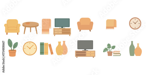 Home decor flat icons set – furniture, interior design, cozy home essentials