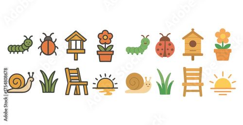 Garden nature icons set – flat, filled, plants and insect design symbols