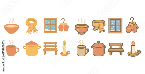 Winter and cozy flat icons set – filled, seasonal, warmth and comfort designs