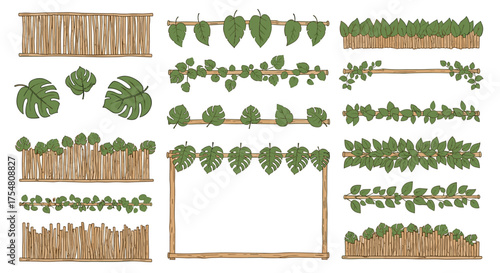 Collection of tropical jungle plant and wooden fence elements for design.