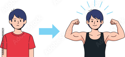 Cartoon fitness transformation, before and after, muscular character, red shirt, black tank top, flexing, confident, vector, illustration, health, workout, gym, 