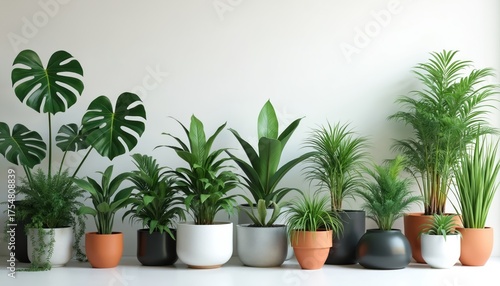 Collection of various potted plants in row against white wall. Variety of green indoor foliage displayed in different pots. Home decor element with green leaves. Botanical background with multiple