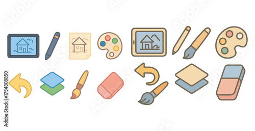 Digital art linear icons set – graphic design, drawing, creativity symbols