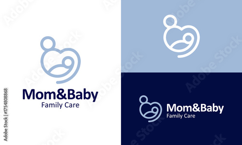 Family care logo design vector illustration. Mom and baby concept with love graphic logo design with line style. Icon, symbols, creative