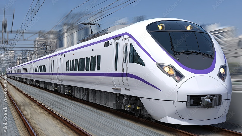 Naklejka premium High-Speed White and Purple Train, Dynamic Motion Blur in Urban Environment for Transportation Technology or Infrastructure Projects