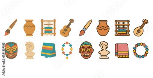 Art and craft tools outline icons set – linear, flat, creative hobby symbols