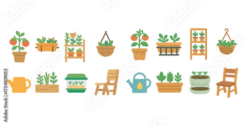 Gardening and planting flat icons set – green, nature, horticulture symbols