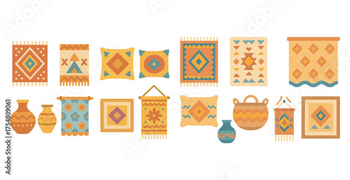 Aztec and inca flat icons set – decorative, artifact, cultural design symbols