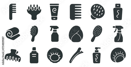 Hair care solid icons set – beauty, grooming, styling essentials
