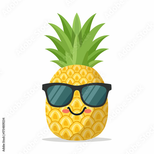 Cute cartoon pineapple character wearing sunglasses, smiling with eyes closed, enjoying summer vacation and tropical vibes