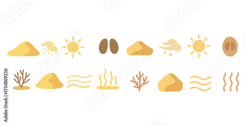 Desert and nature icons set – flat, outline, environment and wildlife symbols