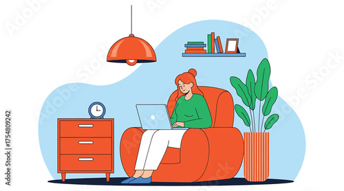 Vector art of a young woman is sitting comfortably in an orange armchair, engrossed in her laptop, with a lamp, books, and a plant nearby, creating a cozy and productive workfromhome scene