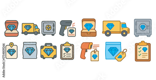 Jewelry and security flat icons set – diamond, safe, protection visuals